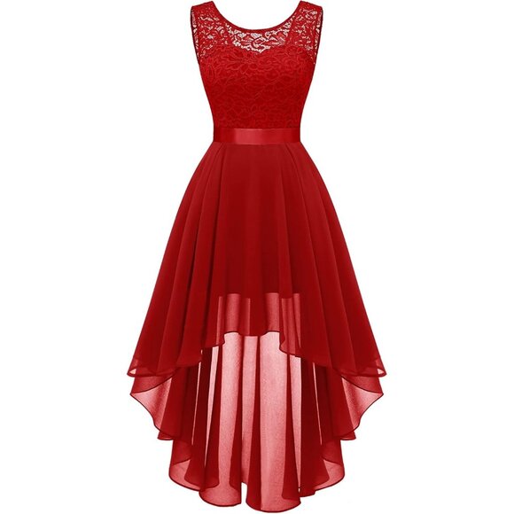 BeryLove Women Red Chiffon Scoop Neck Sleeveless Lace Cocktail Dresses - Picture 1 of 7